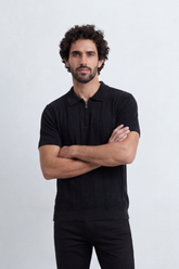 Men’s Tomato Store Ridge Zip Polo Vertical Rib Texture Runs Through The Body Half Zip Placket T-Shirt