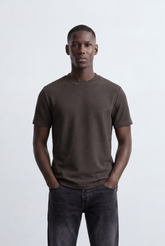 Men’s Tomato Store Textured Panel T-Shirt Mixed Knit Surface Asymmetric Contrast Detail