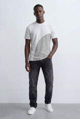 Men’s Tomato Store Textured Panel T-Shirt Mixed Knit Surface Asymmetric Contrast Detail