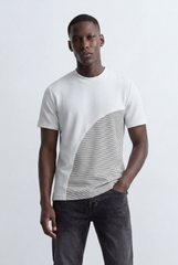 Men’s Tomato Store Textured Panel T-Shirt Mixed Knit Surface Asymmetric Contrast Detail