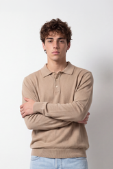 Men's Tomato Store Fine Gauge Knit Polo Pullover Long Sleeve Button Placket Ribbed Cuffs