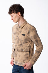 Men's Long Sleeve Classic Neck With Marble Pattern Flap Closure Chest Pockets Textured Ripped Fabric Slim Fit Jacket