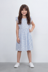 Girl's Tomato Store Meadow Bloom Tie Back Dress With Seersucker Woven Texture Allover Daisy Floral Print Front And Back