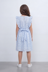Girl's Tomato Store Meadow Bloom Tie Back Dress With Seersucker Woven Texture Allover Daisy Floral Print Front And Back