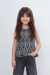Girl's Tomato Store Boho Paisley Blouse Allover Raised Paisley Artwork Across Body Scalloped Hem Detail