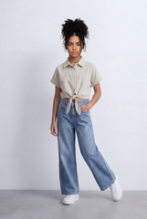 Girl's Tomato Store Tie Front Shirt Cropped Silhouette Button Down Design Rolled Sleeve Detail