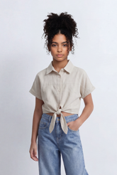 Girl's Tomato Store Tie Front Shirt Cropped Silhouette Button Down Design Rolled Sleeve Detail