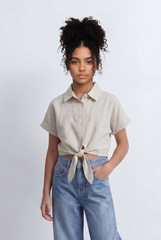 Girl's Tomato Store Tie Front Shirt Cropped Silhouette Button Down Design Rolled Sleeve Detail