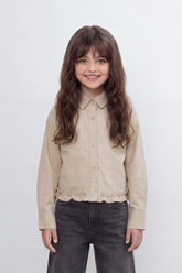 Girl's Tomato Store Prairie Frill Slim Fit Blouse Woven Texture Plain Solid Surface Gathered Frill Hem Side Tie Detail