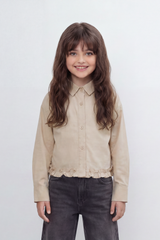 Girl's Tomato Store Prairie Frill Slim Fit Blouse Woven Texture Plain Solid Surface Gathered Frill Hem Side Tie Detail