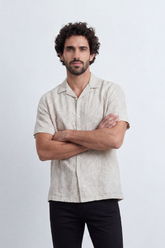 Men’s Tomato Store Leaf Trace Resort Shirt Allover Botanical Outline Print Over A Fine Slub Grain