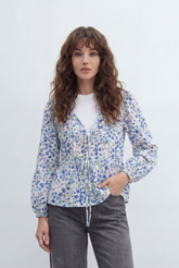 Women’s Tomato Store Floral Peplum Blouse Designed Tie Front Detail Soft Ruffle Trims Gathered Waist