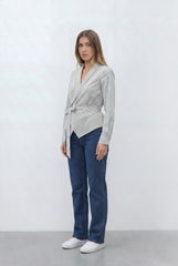 Women’s Stripe Wrap Blouse Timeless Pinstripe Pattern Elegant V Neckline Self Tie Waist Flattering Fit