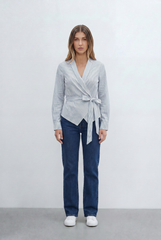 Women’s Tomato Store Stripe Wrap Blouse Pinstripe Pattern Elegant V Neckline Self Tie Waist Flattering Fit