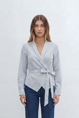 Women’s Tomato Store Stripe Wrap Blouse Pinstripe Pattern Elegant V Neckline Self Tie Waist Flattering Fit