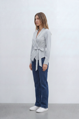 Women’s Tomato Store Stripe Wrap Blouse Pinstripe Pattern Elegant V Neckline Self Tie Waist Flattering Fit