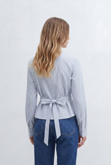 Women’s Tomato Store Stripe Wrap Blouse Pinstripe Pattern Elegant V Neckline Self Tie Waist Flattering Fit