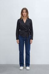 Women’s Wrap Front Blouse Featuring Flattering V Neckline Long Sleeves Self Tie Waist Detail