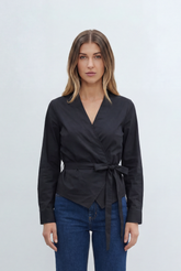 Women’s Tomato Store Wrap Front Blouse V Neckline Long Sleeves Self Tie Waist Detail
