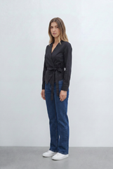 Women’s Wrap Front Blouse Featuring Flattering V Neckline Long Sleeves Self Tie Waist Detail