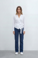 Women’s Tomato Store Wrap Front Blouse V Neckline Long Sleeves Self Tie Waist Detail