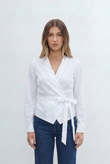 Women’s Tomato Store Wrap Front Blouse V Neckline Long Sleeves Self Tie Waist Detail