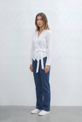 Women’s Tomato Store Wrap Front Blouse V Neckline Long Sleeves Self Tie Waist Detail