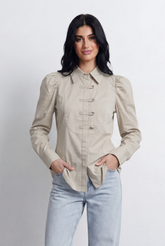 Women’s Tomato Store Statement Blouse Bib Front Detail Decorative Button Placket Structured Collar Design Puff Shoulder Sleeve