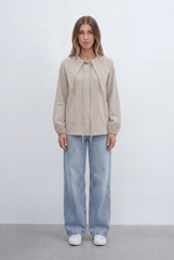 Women’s Tomato Store Button Front Shirt Oversized Sailor Collar Tie Detail Soft Gathered Cuffs