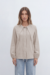 Women’s Tomato Store Button Front Blouse Oversized Sailor Collar Tie Detail Soft Gathered Cuffs