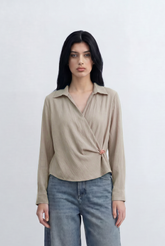 Women’s Tomato Store Wrap Front Blouse Crinkled Texture Finish Side Ring Tie Detail