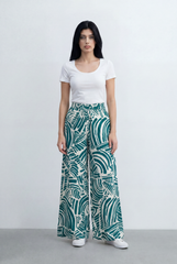 Women’s Tomato Store Tropical Print Palazzo Pants Bold Abstract Leaf Pattern Elastic Waist