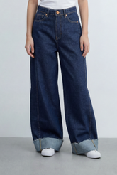 Women’s Tomato Store Straight Wide Denim Clean Dark Wash Turn Up Cuff Hem Pants