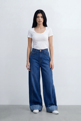 Women’s Tomato Store Wide Leg Denim Clean Dark Wash Turn Up Cuff Hem Pants