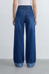 Women’s Tomato Store Wide Leg Denim Clean Dark Wash Turn Up Cuff Hem Pants