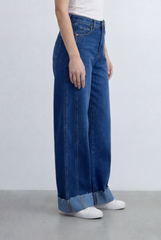 Women’s Tomato Store Wide Leg Denim Clean Dark Wash Turn Up Cuff Hem Pants