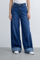 Women’s Tomato Store Wide Leg Denim Clean Dark Wash Turn Up Cuff Hem Pants