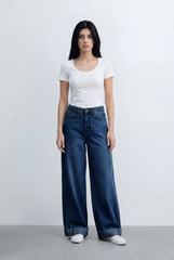 Women’s Tomato Store Wide Leg Denim Clean Dark Wash Turn Up Cuff Hem Pants