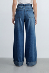 Women’s Tomato Store Wide Leg Denim Clean Dark Wash Turn Up Cuff Hem Pants
