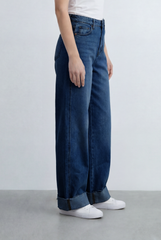 Women’s Tomato Store Wide Leg Denim Clean Dark Wash Turn Up Cuff Hem Pants