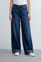 Women’s Tomato Store Wide Leg Denim Clean Dark Wash Turn Up Cuff Hem Pants
