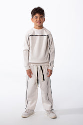 Boy's Two-Piece Set Crew Neck Contrast Piping Details Elasticated Waist Modern For All-Day Wear Slim Fit Melton Out Fit