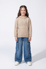 Girl’s Forest-Print Acid-Wash Crossover Hood Kangaroo Pocket Elasticated Bubble Hem Ribbed Cuffs Sweatshirt