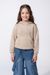 Girl’s Forest-Print Acid-Wash Crossover Hood Kangaroo Pocket Elasticated Bubble-Hem Ribbed Cuffs Sweatshirt