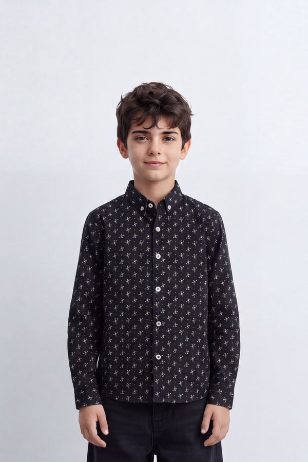 Boy's Tomato Store Fine Poplin Shirt Allover Mini Botanical Print Button-Down Collar Long Sleeve