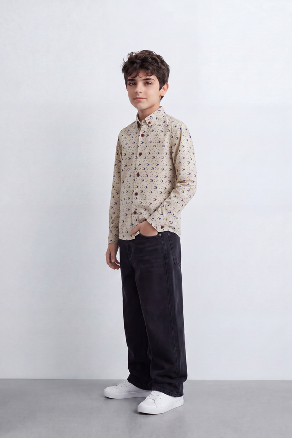 Boy's Tomato Store Lightweight Cotton Poplin Shirt Allover Mini Geometric Print Button-Down Collar Long Sleeve