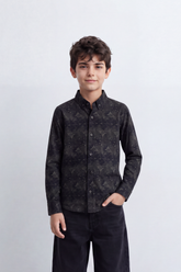 Boy's Tomato Store Soft Woven Shirt Tonal Botanical Print Collar Contrast Buttons Long Sleeve