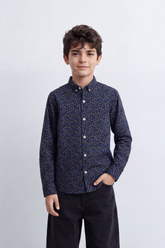 Boy's Tomato Store Printed Shirt Delicate Allover Floral Motif Collar Contrast Buttons Long Sleeve