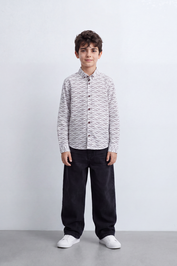 Boy's Tomato Store Crisp Cotton Poplin Shirt Allover Abstract Micro Print Long Sleeve