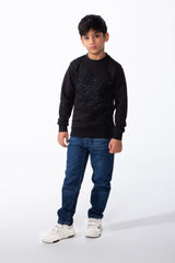 Boy's Crew Neckline Modern Patchwork Design With Creative Twist Melton Slim Fit Sweatshirt